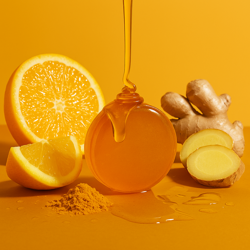 Golden honey being poured over a vibrant orange Goood Ginger pastille, surrounded by fresh ginger, turmeric, and citrus slices on a warm yellow background.