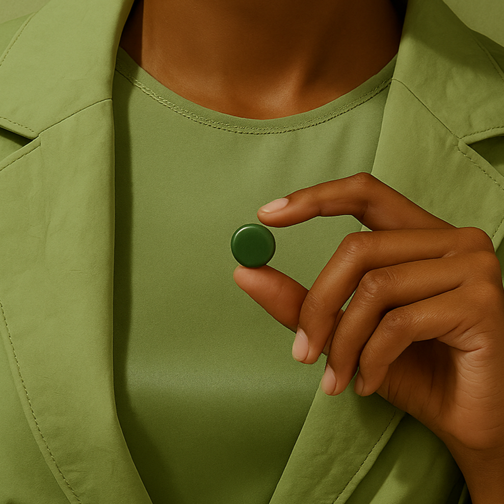 Person wearing a green outfit with a matching watch, holding a green button.