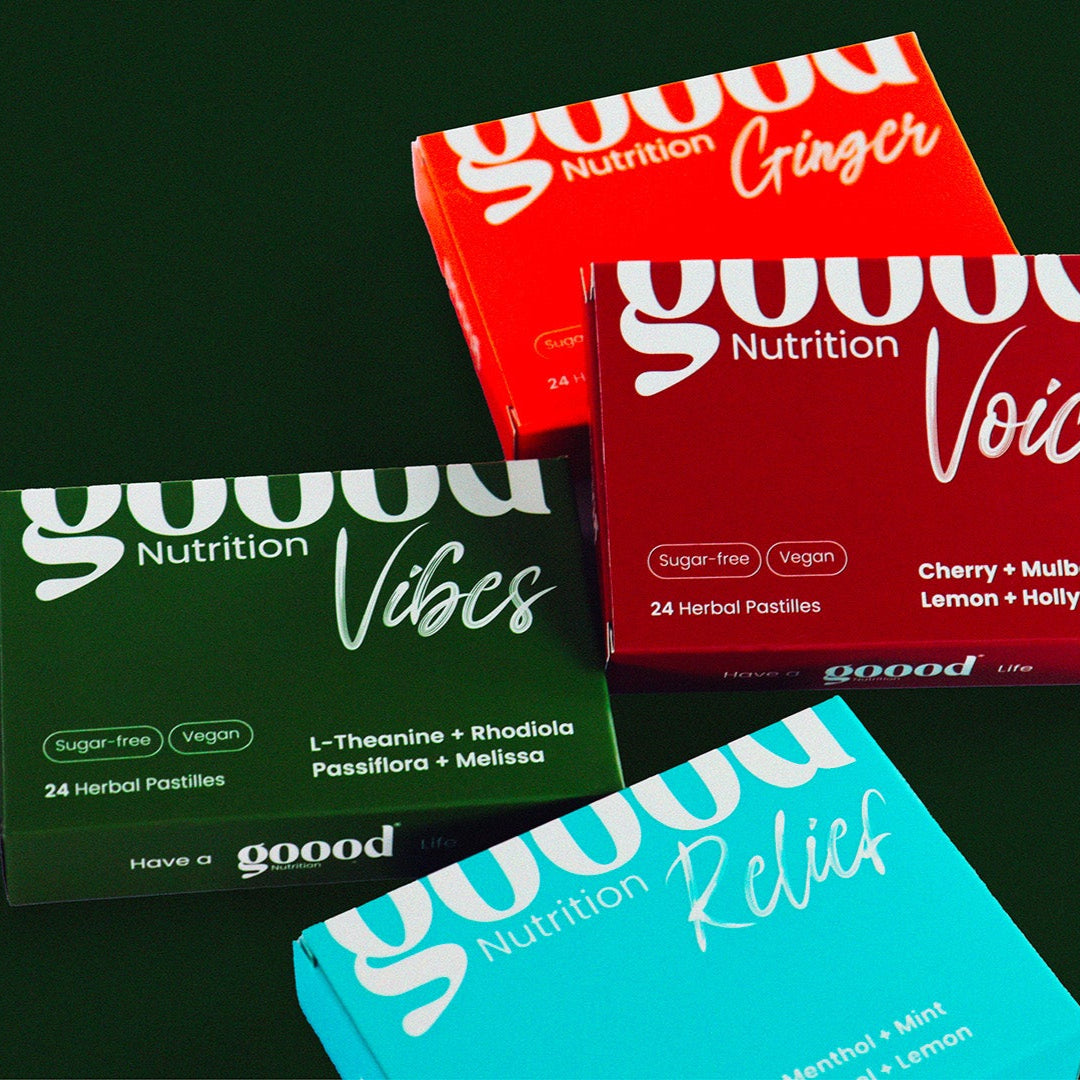 goood Nutrition herbal lozenges bundle – sugar-free wellness pastilles for immunity, voice, mood & relief, displayed on a premium dark green background.