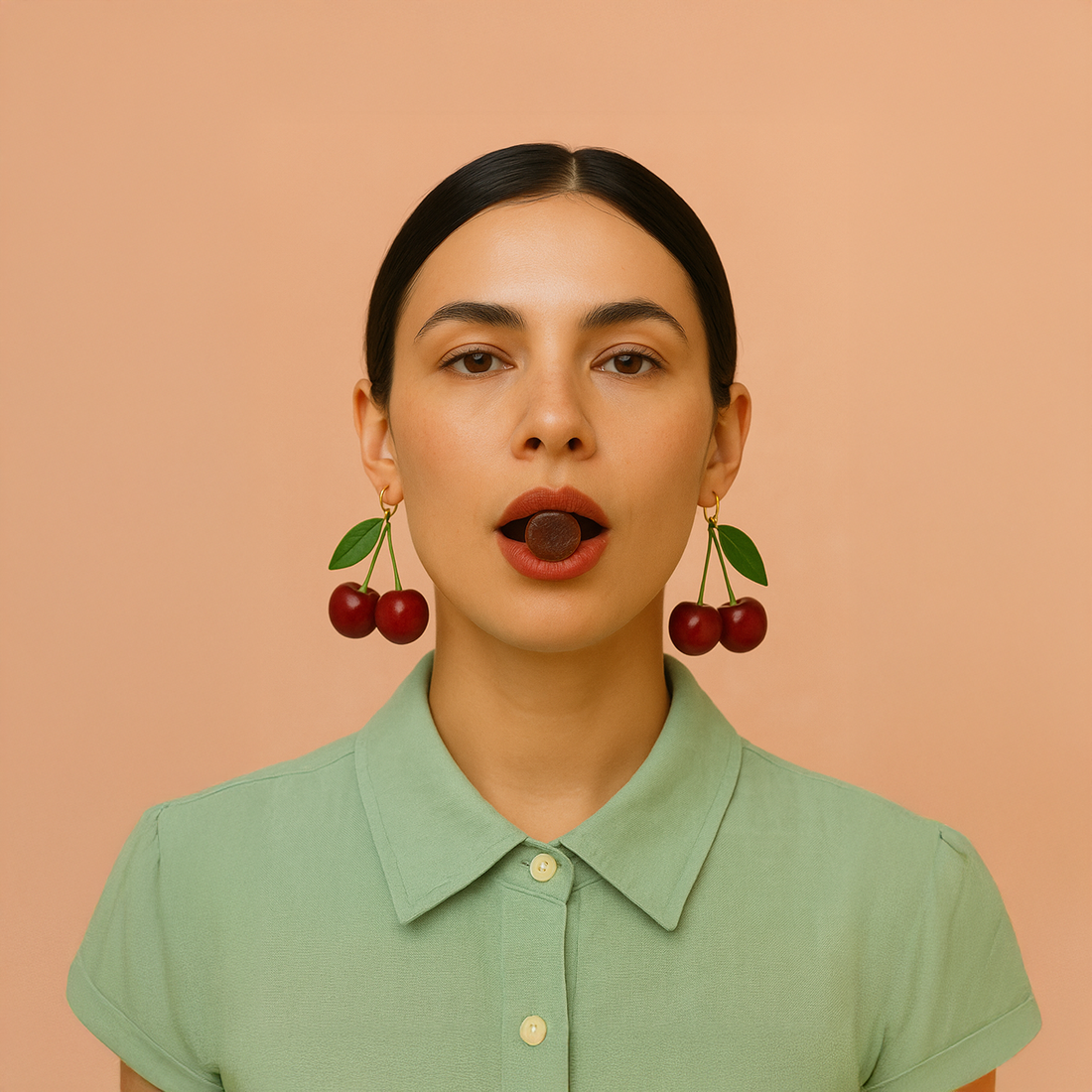 A stylish woman with cherry earrings and a Goood Voice pastille gently held between her lips, illustrating voice care with playful confidence.