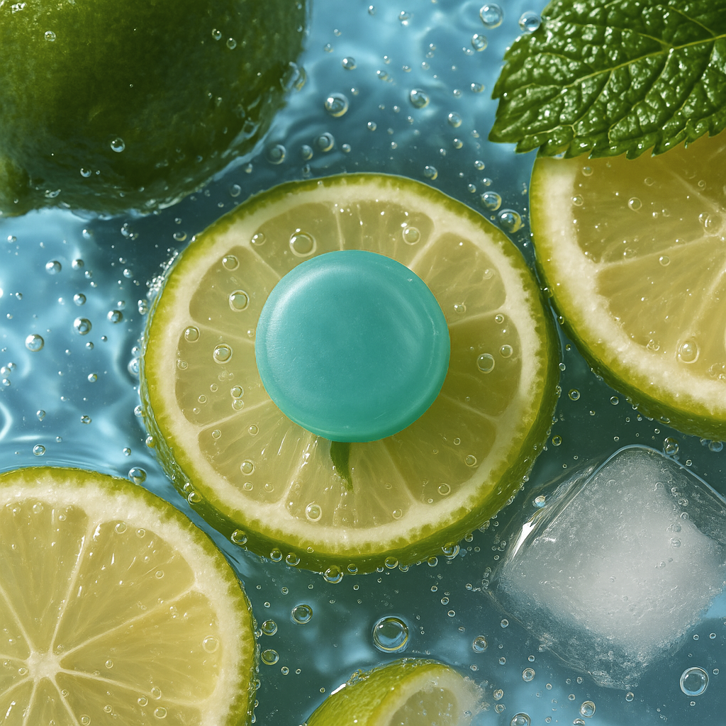 A refreshing scene of lime slices and mint leaves splashing in water with a Goood Relief pastille, representing lightness and digestive clarity