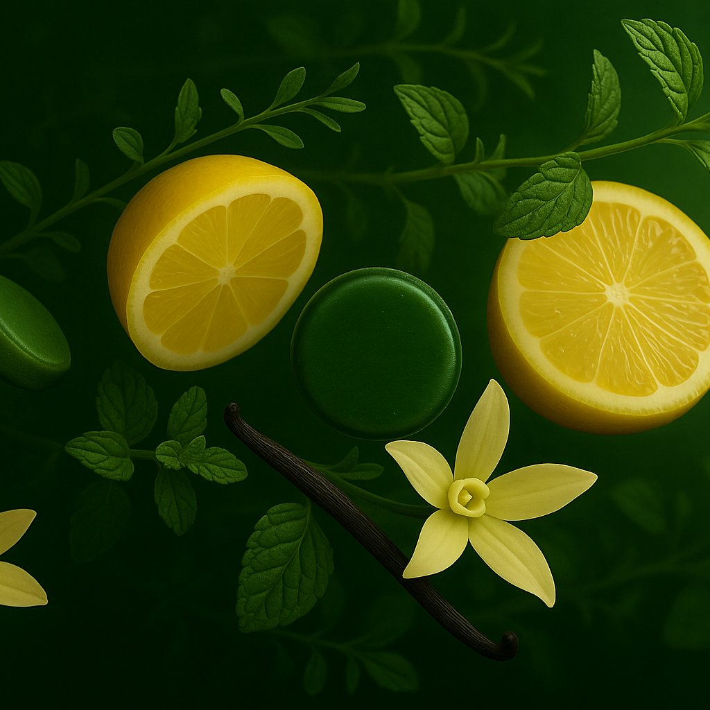 Two lemon halves, a green bottle cap, vanilla beans, and flowers on a dark green background