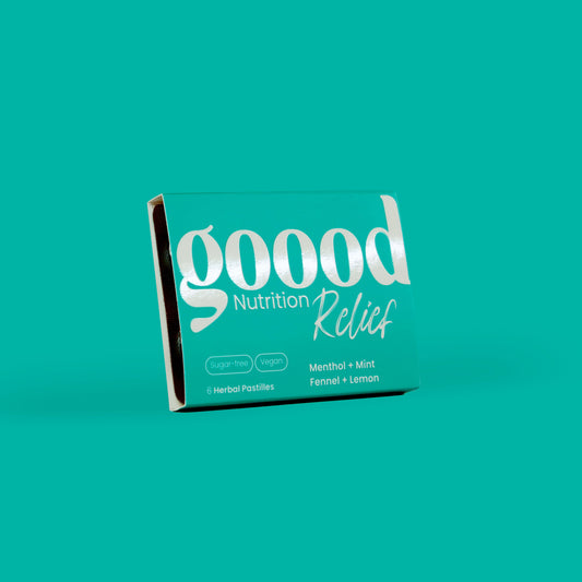 Package of 'goood Nutrition Relief' on a teal background