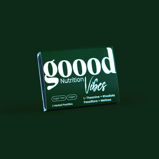 Good Nutrition Vibes package on a dark green background